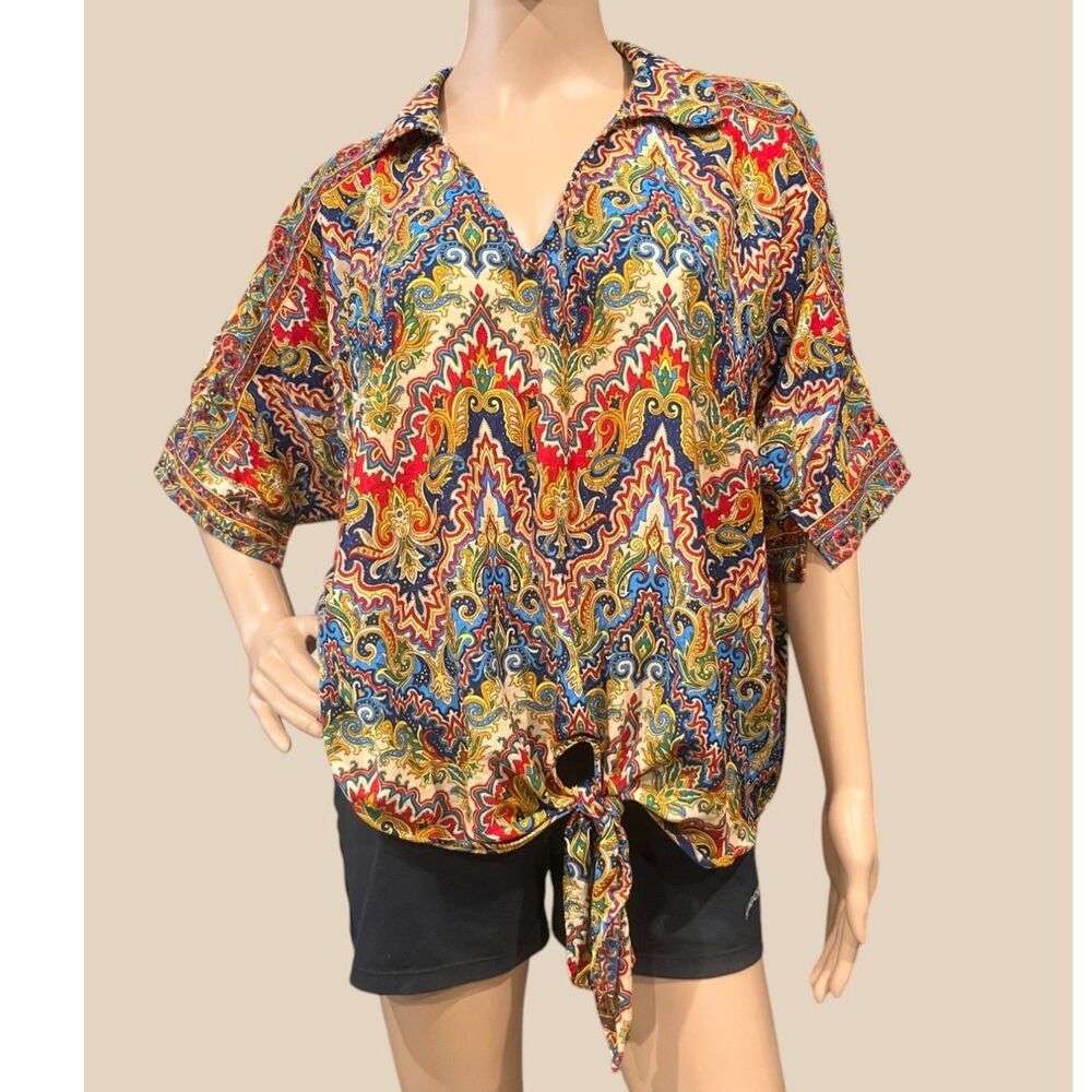 Anthropologie BOEMO Women's Colorful Paisley Print Blouse Pullover Tie Front M